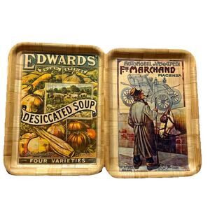 Vtg Edwards Desiccated Soup Automobile Woven Bamboo Servise Tray Farmhouse Set 2
